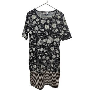 LuLaRoe Julia Dress Women’s Black White Floral Stripe Panel Bodycon Knit Size XL